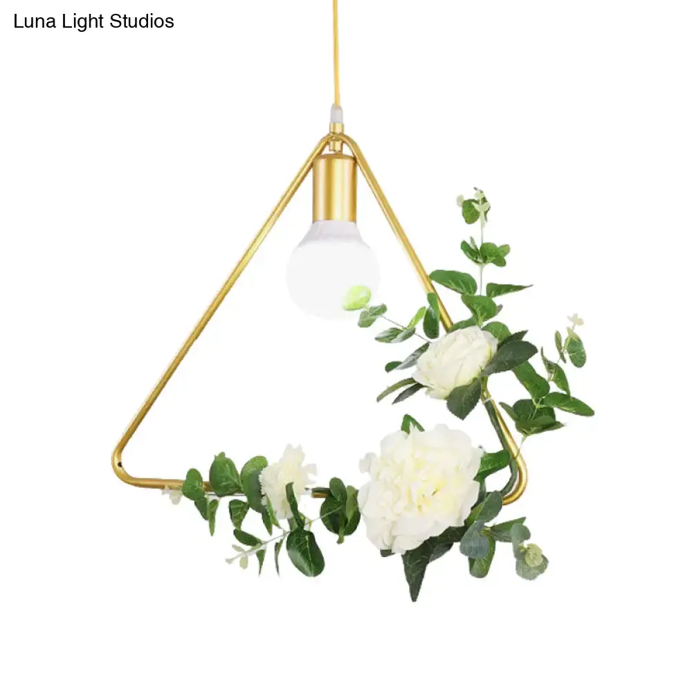 Gold Iron Rectangle/Round Frame Pendant Light with Artificial Bloom Deco - Stylish Suspended Ceiling Fixture