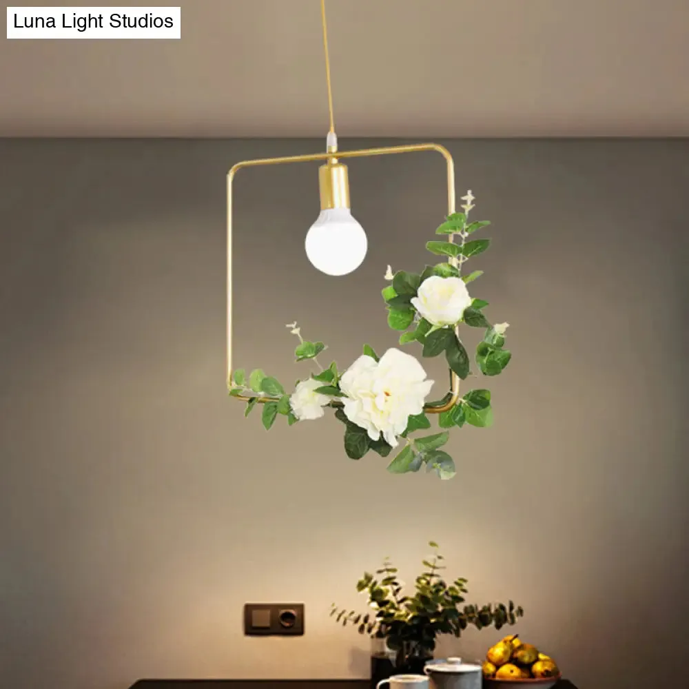 Gold Iron Rectangle/Round Frame Pendant Light with Artificial Bloom Deco - Stylish Suspended Ceiling Fixture