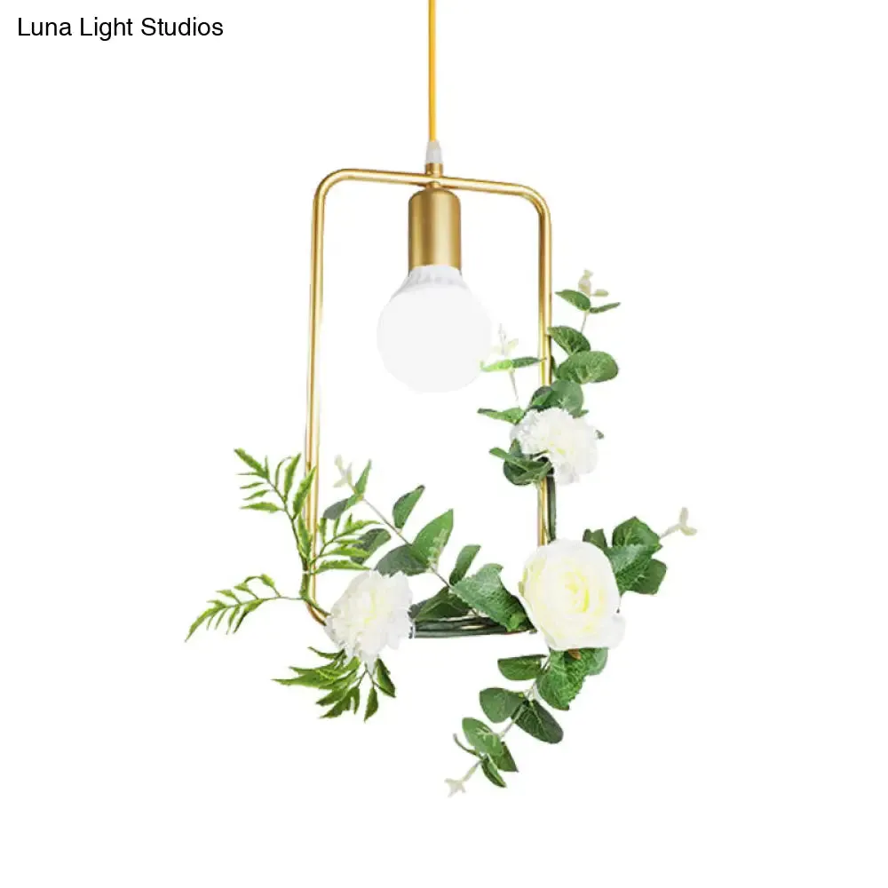 Gold Iron Rectangle/Round Frame Pendant Light with Artificial Bloom Deco - Stylish Suspended Ceiling Fixture