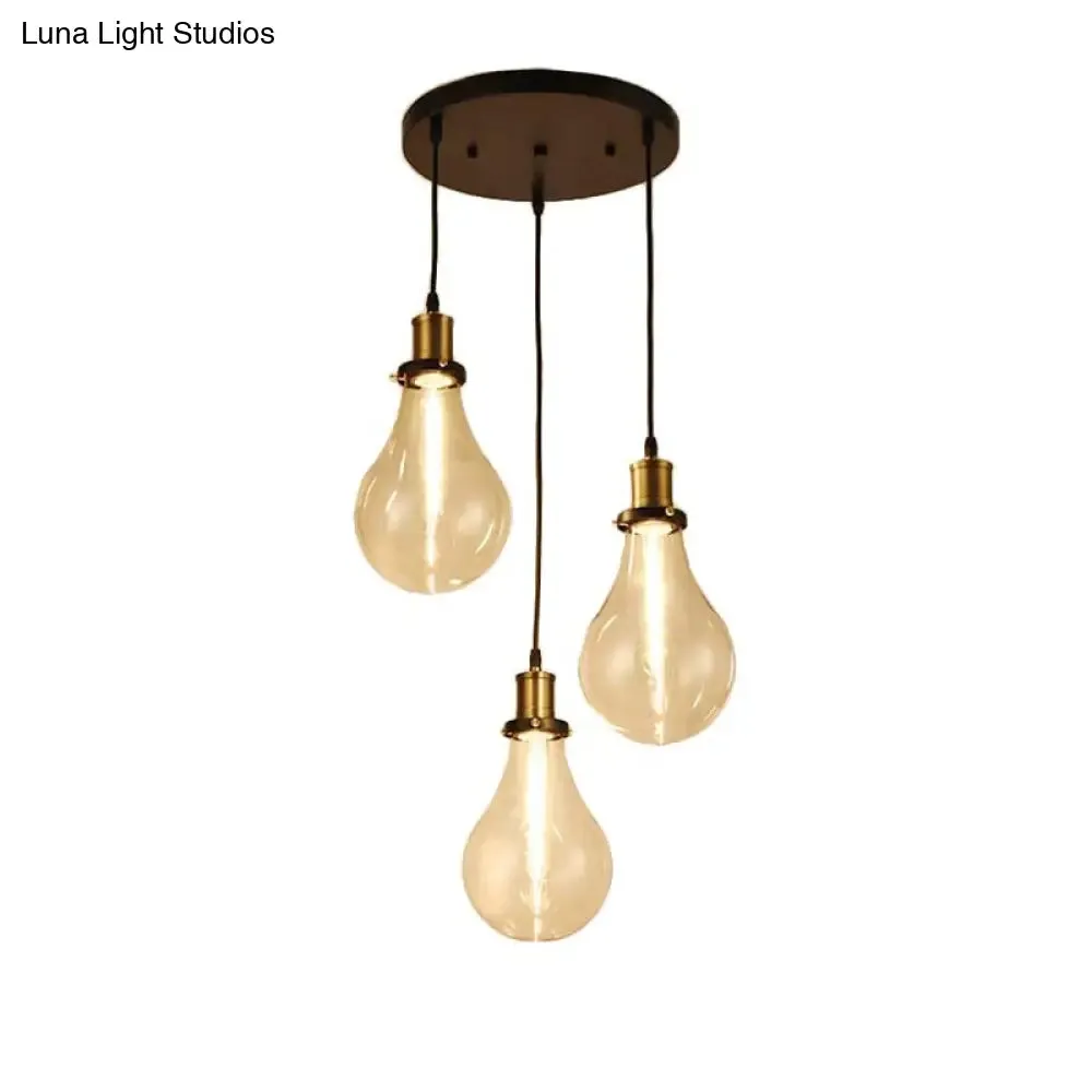 Industrial Brass Clear Glass Pendant Lighting with 3 Bare Bulb Multi Ceiling Lights