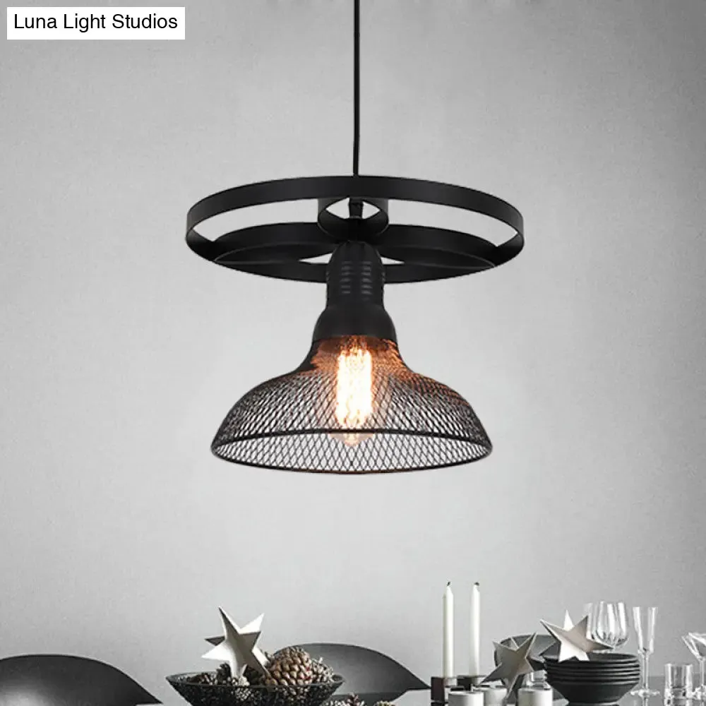 Industrial Mesh Pendant Lamp with Domed Metal Shade and Ring in Black – Stylish Hanging Light Fixture for Living Room (1 Bulb)