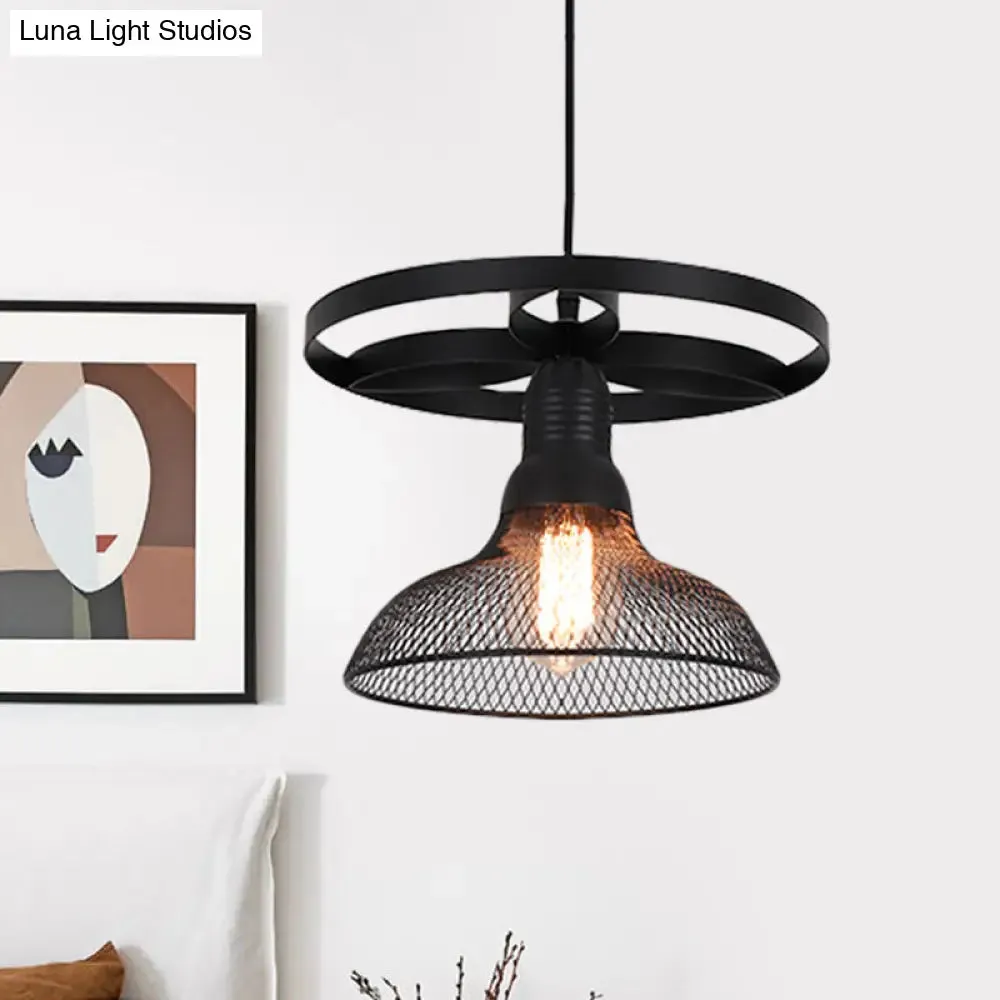 Industrial Mesh Pendant Lamp with Domed Metal Shade and Ring in Black – Stylish Hanging Light Fixture for Living Room (1 Bulb)