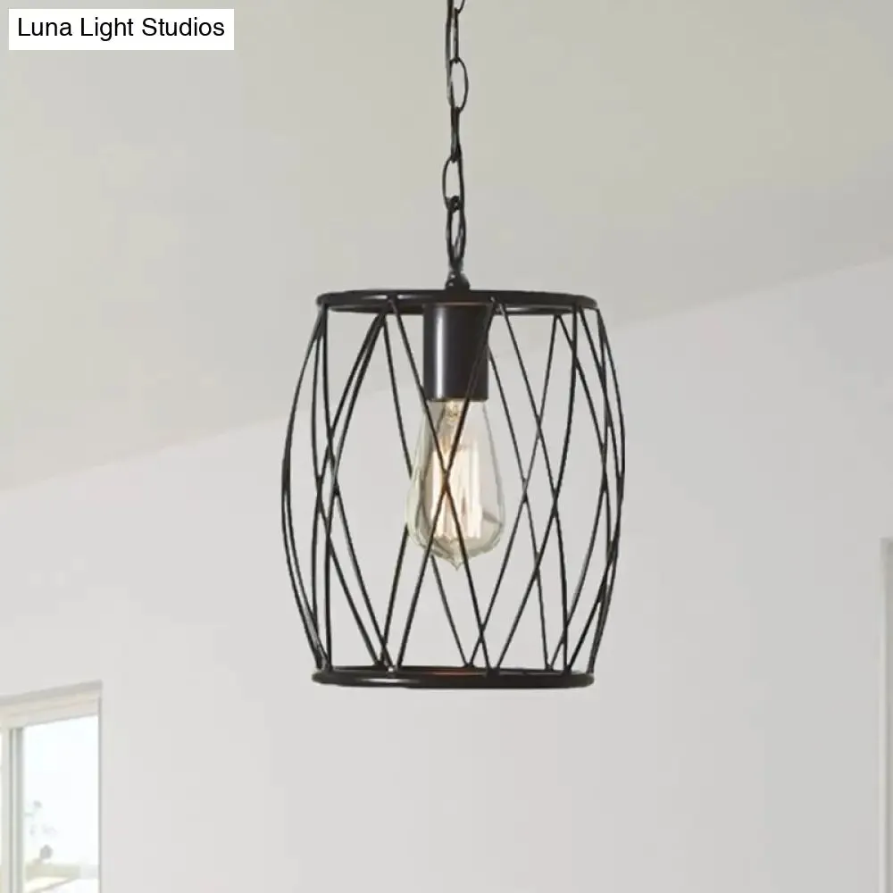 Industrial Metal Pendant Lamp with Black Wire Guard - 1 Bulb, Cylinder Shade for Dining Room Lighting Fixture