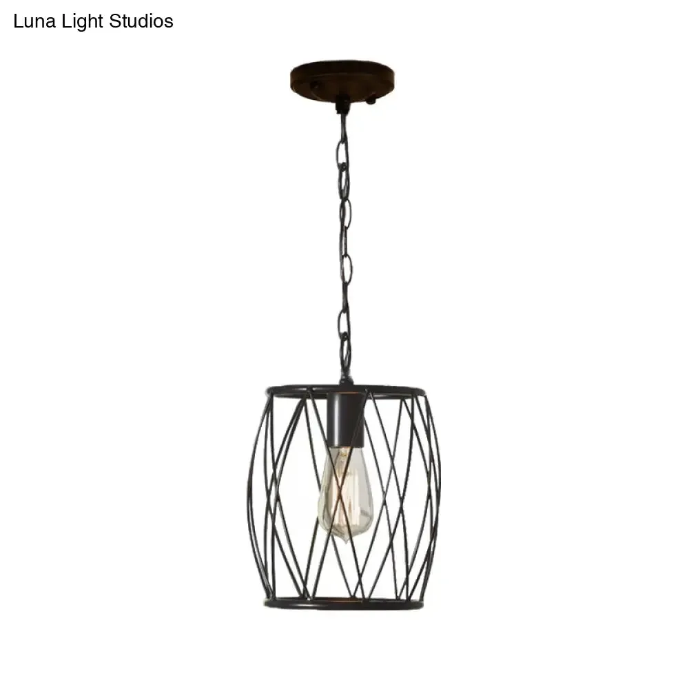 Industrial Metal Pendant Lamp with Black Wire Guard - 1 Bulb, Cylinder Shade for Dining Room Lighting Fixture