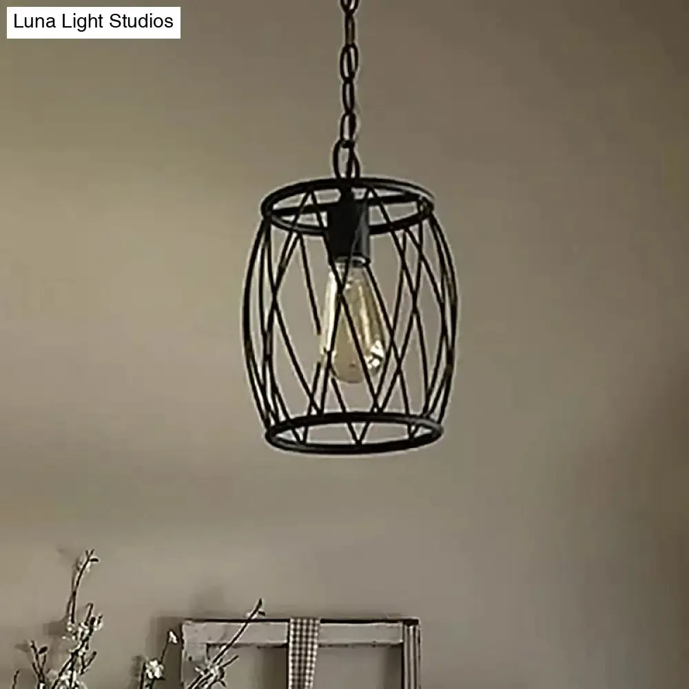 Industrial Metal Pendant Lamp with Black Wire Guard - 1 Bulb, Cylinder Shade for Dining Room Lighting Fixture