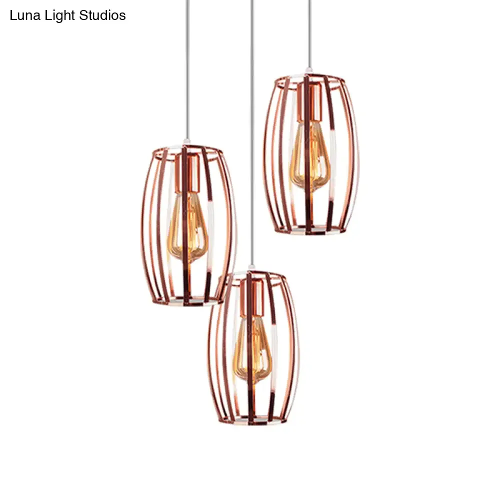 Iron Copper Hanging Lamp with Oval Cage Shade - Industrial Ceiling Fixture, 3 Bulbs - Stylish Lighting for Bedroom