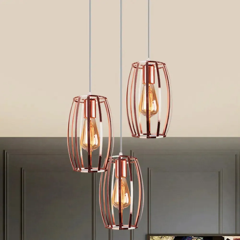 Iron Copper Hanging Lamp with Oval Cage Shade - Industrial Ceiling Fixture, 3 Bulbs - Stylish Lighting for Bedroom