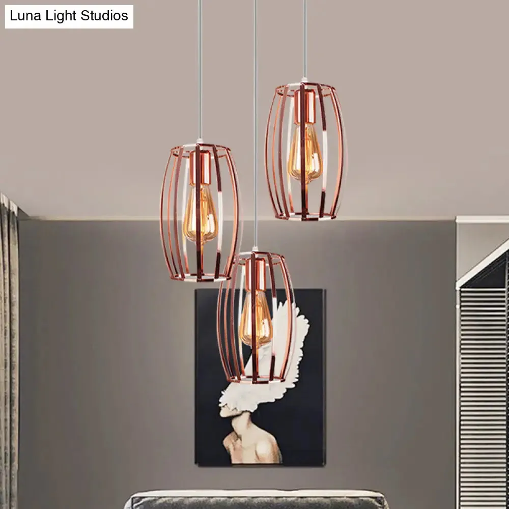 Iron Copper Hanging Lamp with Oval Cage Shade - Industrial Ceiling Fixture, 3 Bulbs - Stylish Lighting for Bedroom