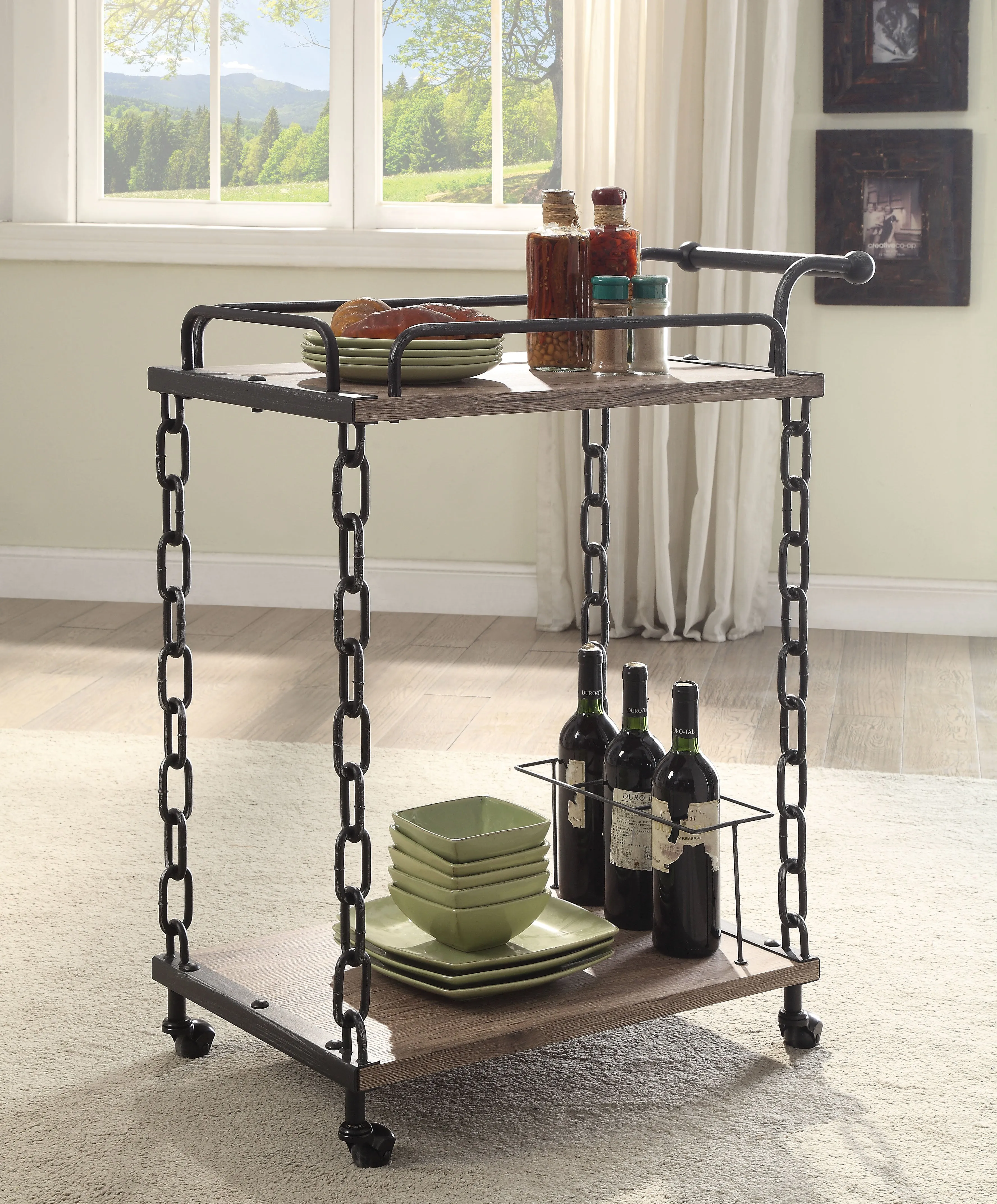 Jodie Rustic Oak & Antique Black Serving Cart