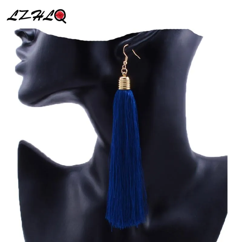 LZHLQ Vintage Ethnic Long Tassel Earrings Women 2017 Fashion Brand Jewelry Geometric Alloy Plating Simple Dangle Drop Earrings