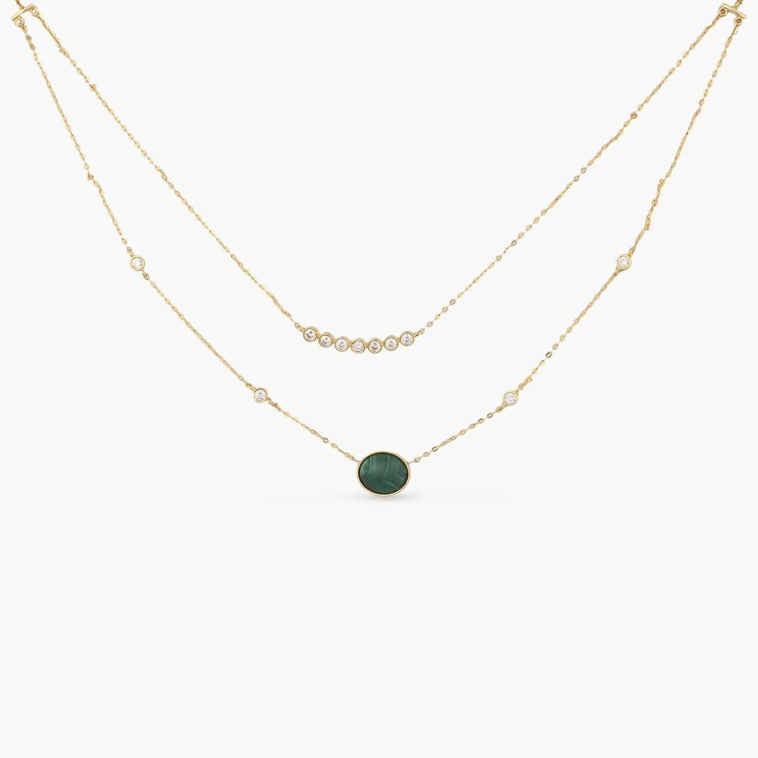 Malachite Two-Layer Statement Round Charm Silver Necklace