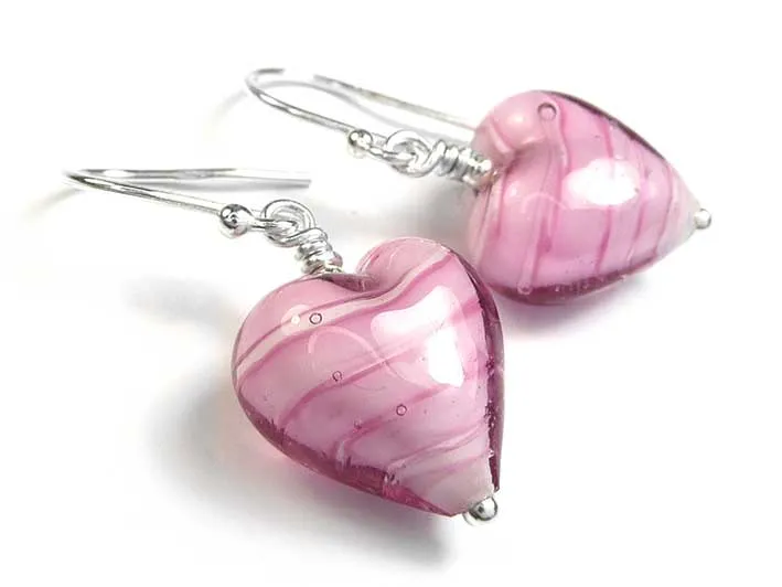 Murano Glass Heart Earrings - Rose White Core