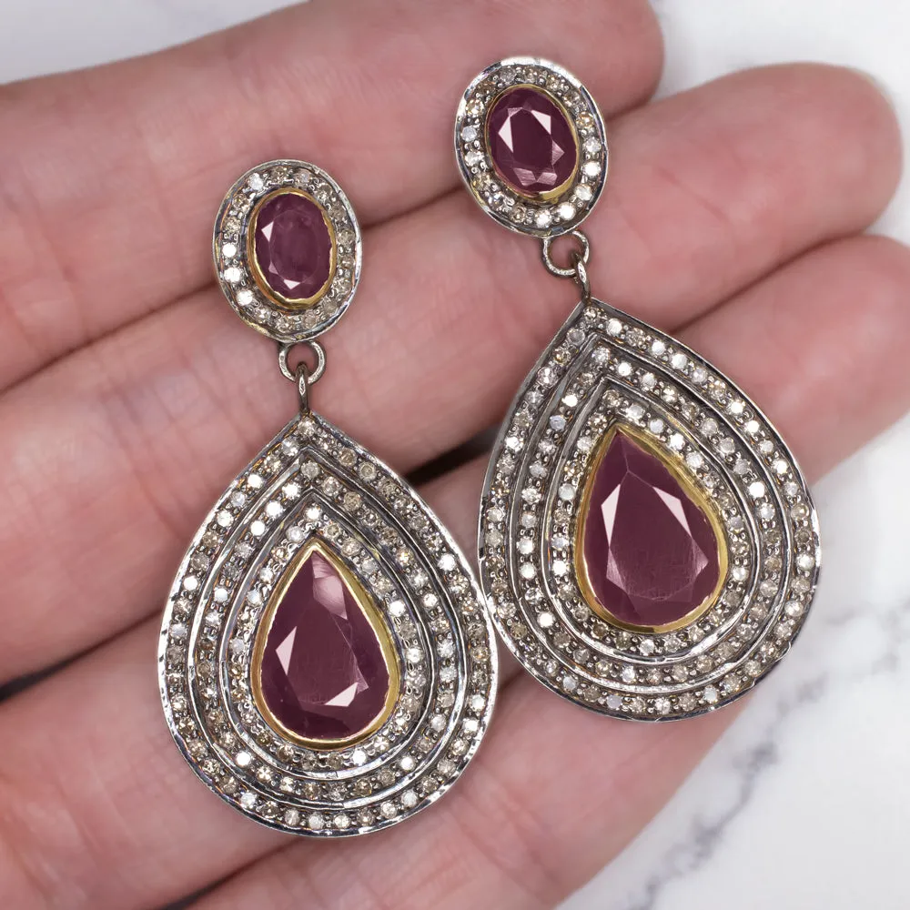 NATURAL DIAMOND RUBY EARRINGS STATEMENT DROP DANGLE PEAR SHAPE TEARDROP RED BIG