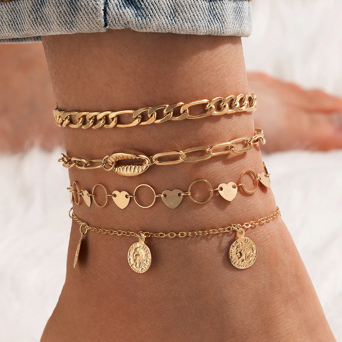 New Jewelry Alloy Double Layer Anklet Love Circle Piece Chain