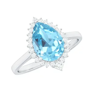 Pear Shape Aquamarine Statement Engagement Ring with Diamond Halo