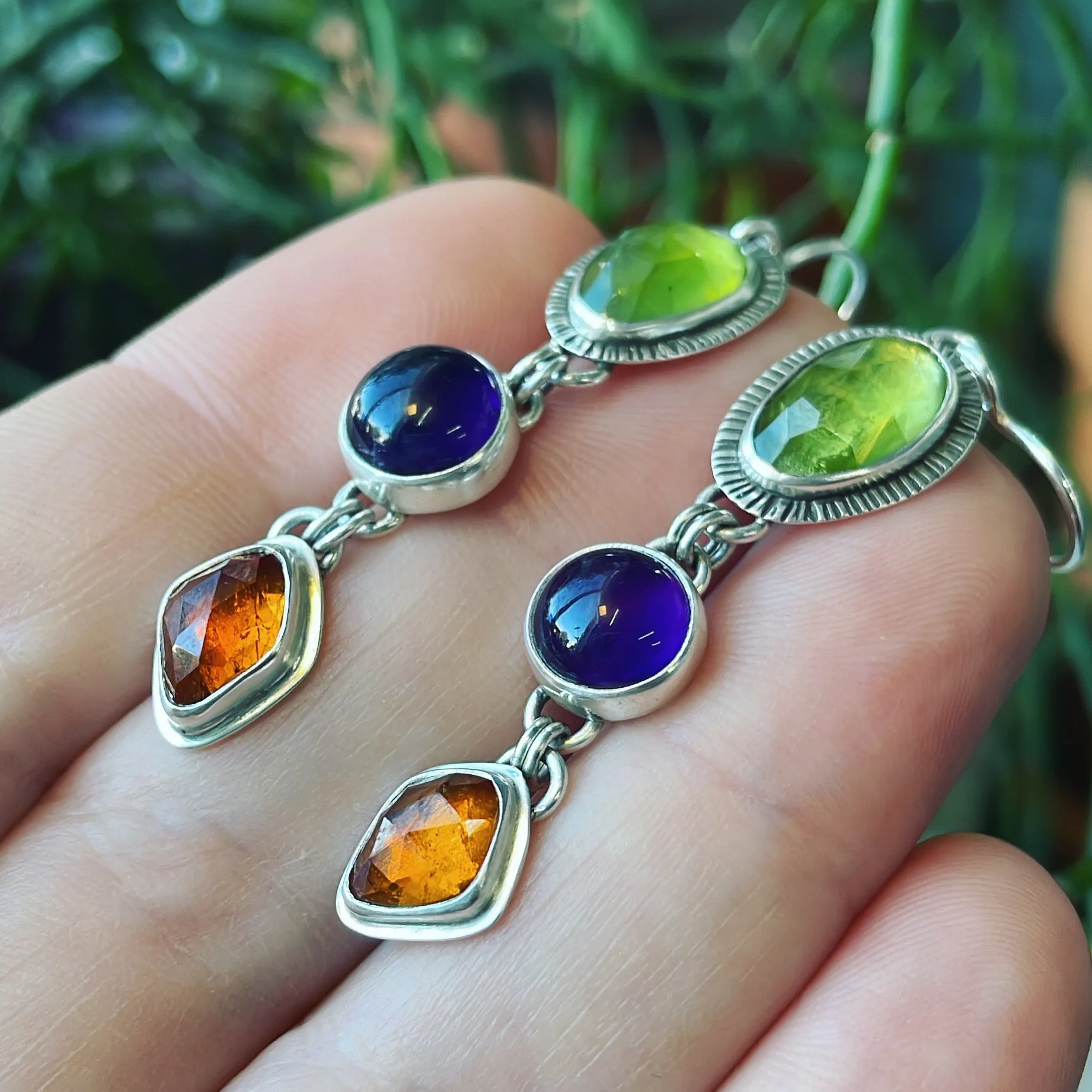 Peridot, Amethyst, Spessartite Garnet and Sterling Silver Earrings