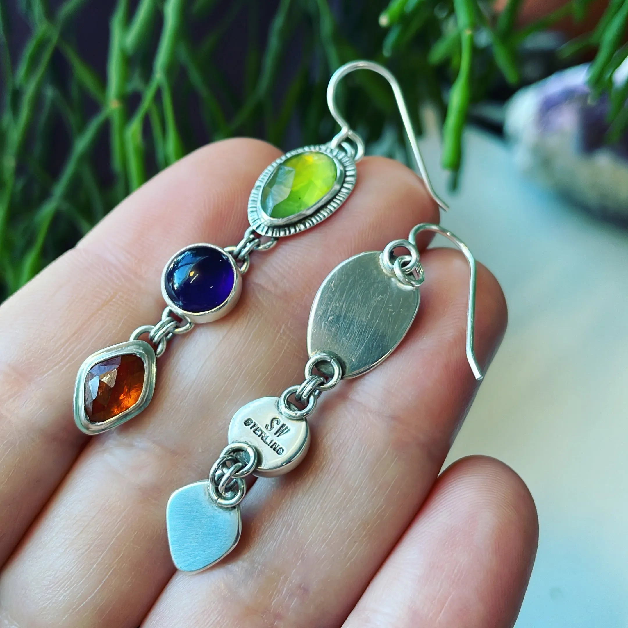 Peridot, Amethyst, Spessartite Garnet and Sterling Silver Earrings