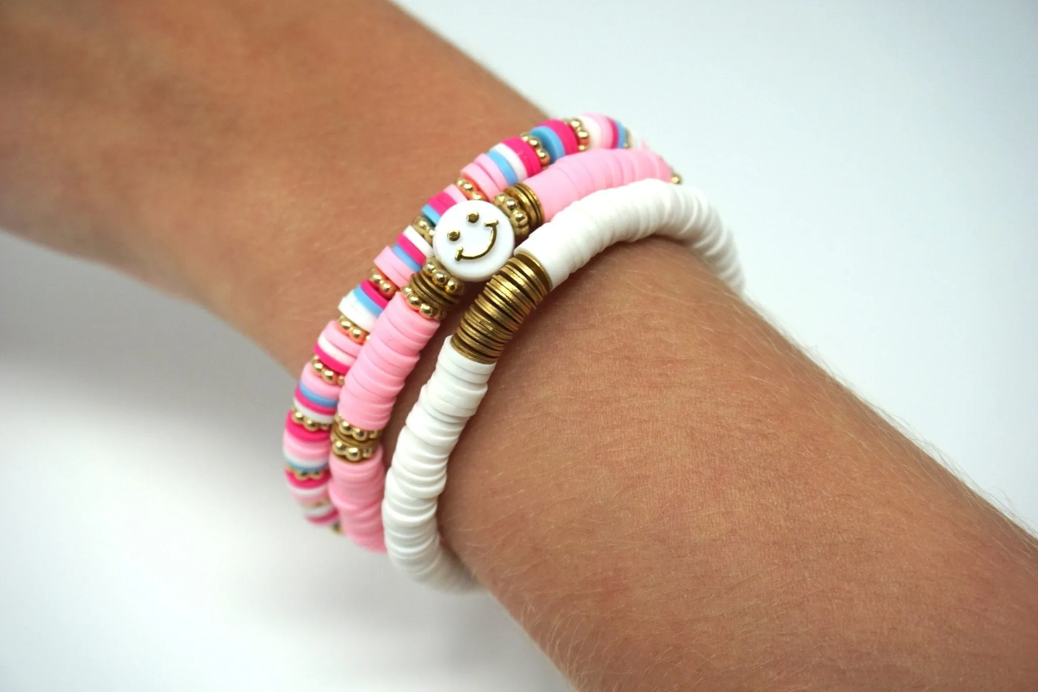 Pink Smiley Handmade Heishi Bead Bracelet Stack