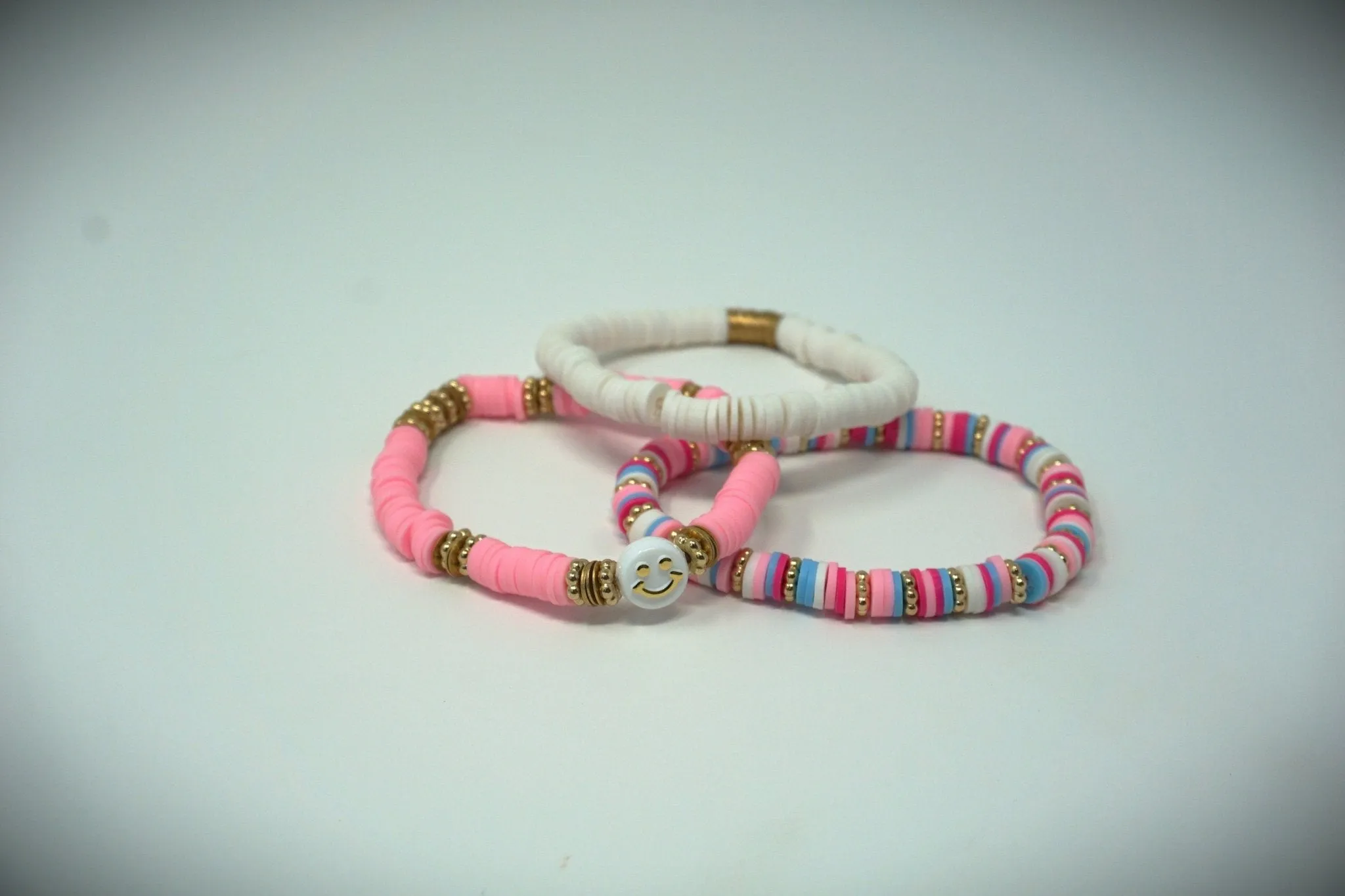 Pink Smiley Handmade Heishi Bead Bracelet Stack