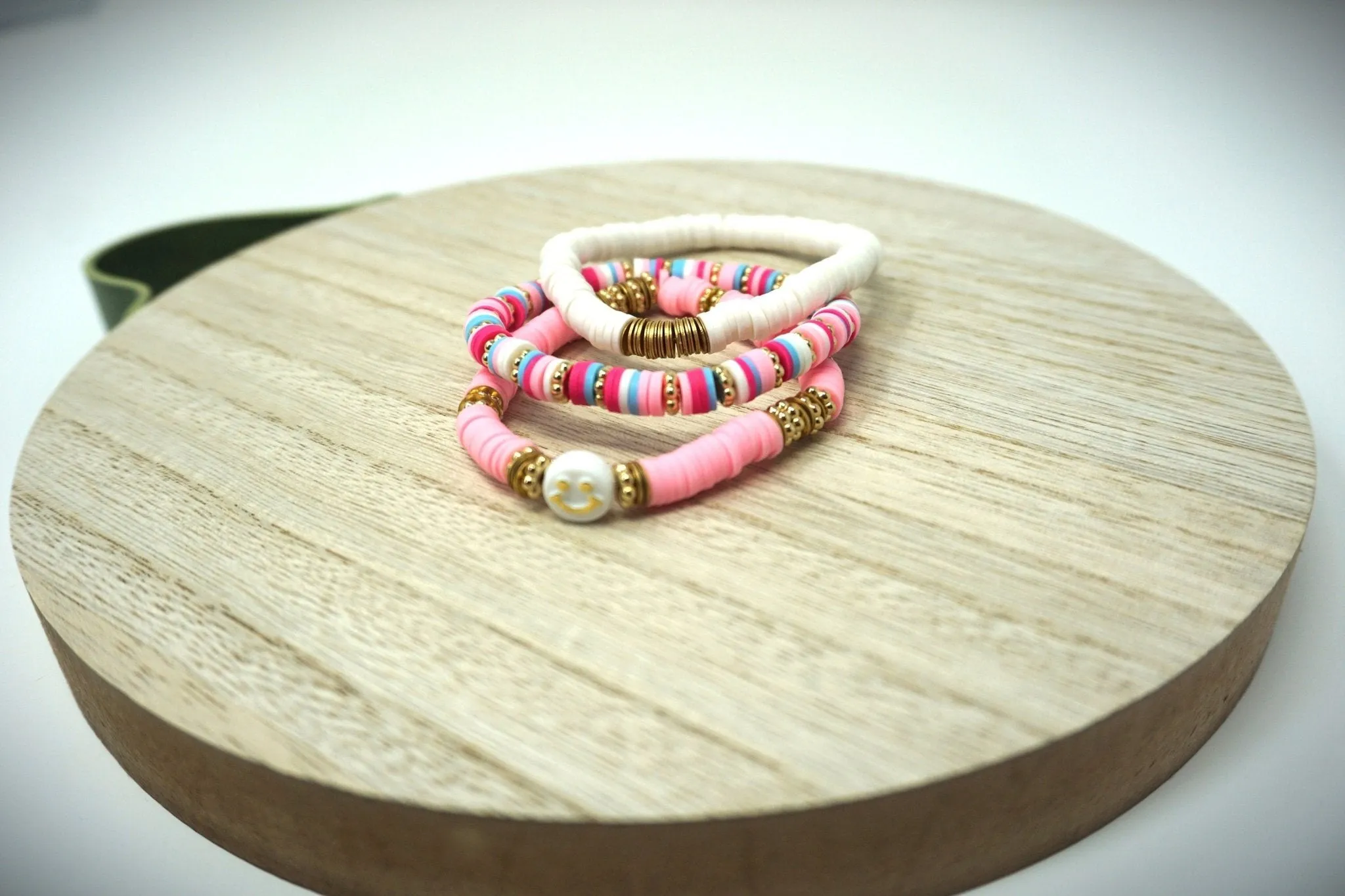 Pink Smiley Handmade Heishi Bead Bracelet Stack