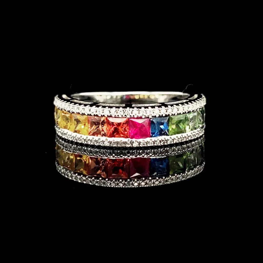 PREORDER | Rainbow Sapphire Gemstones & Half Eternity Diamond Ring 14kt