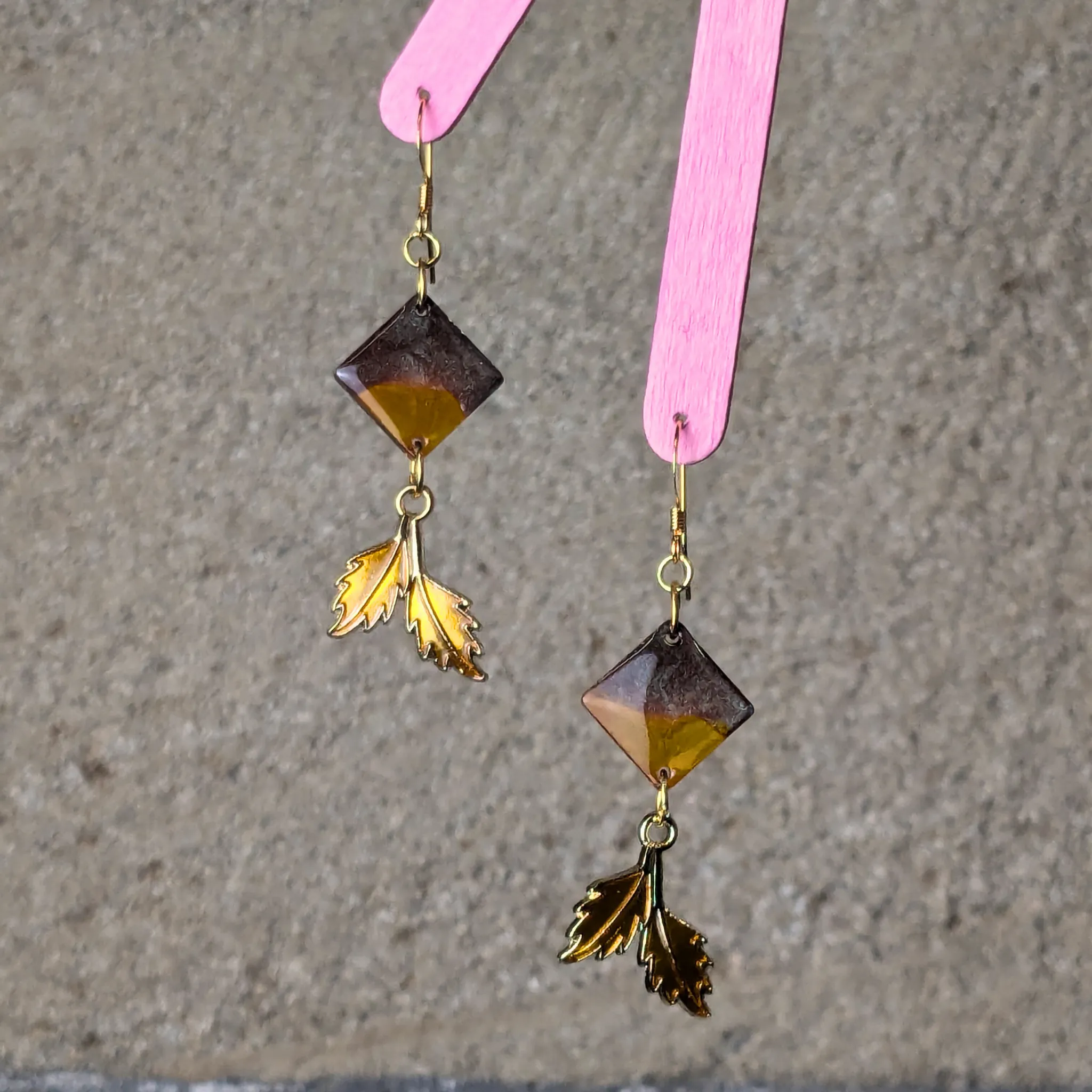 "Amber" Brown Amber Diamond Shaped Resin Dangle Earrings with Golden Leaf Charm