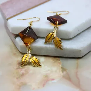 "Amber" Brown Amber Diamond Shaped Resin Dangle Earrings with Golden Leaf Charm