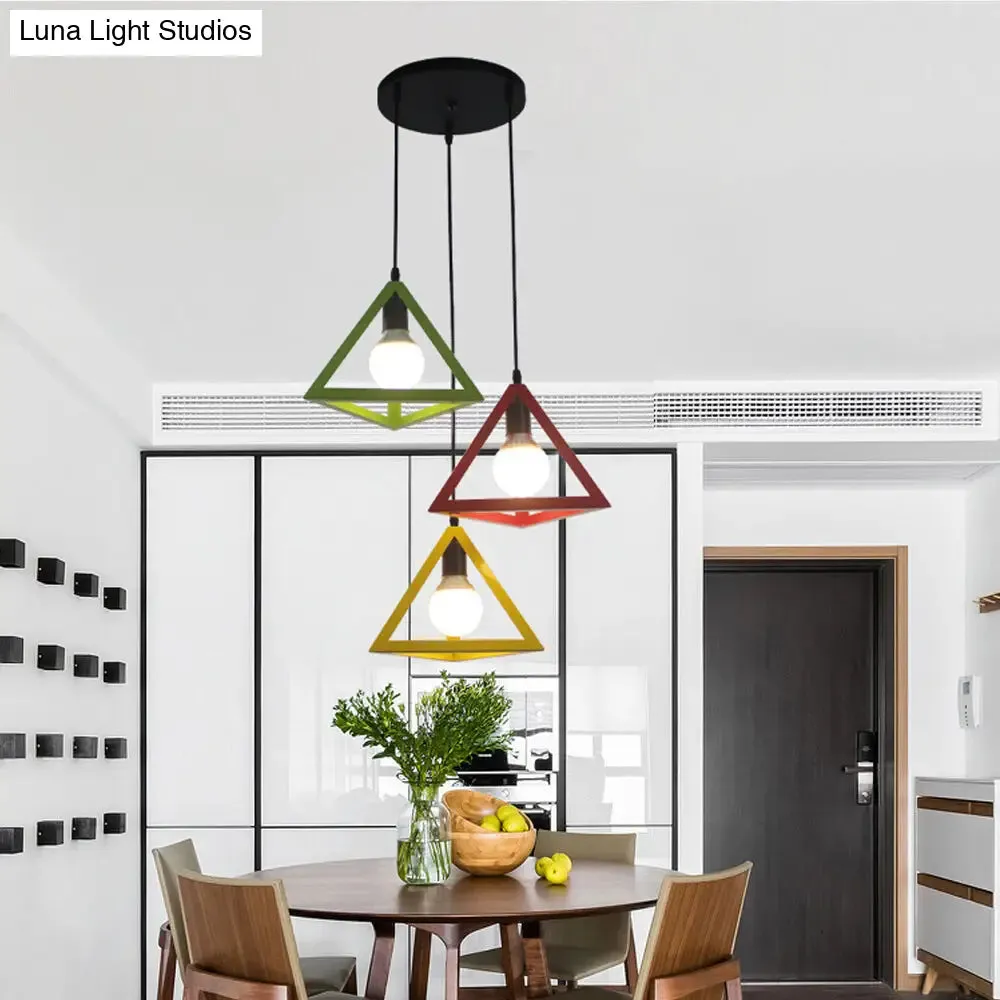 Retro Industrial Hanging Lamp with 3 Triangle Metallic Heads and Wire Guard in Black/White