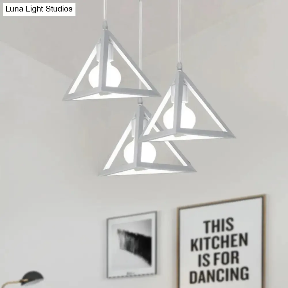 Retro Industrial Hanging Lamp with 3 Triangle Metallic Heads and Wire Guard in Black/White