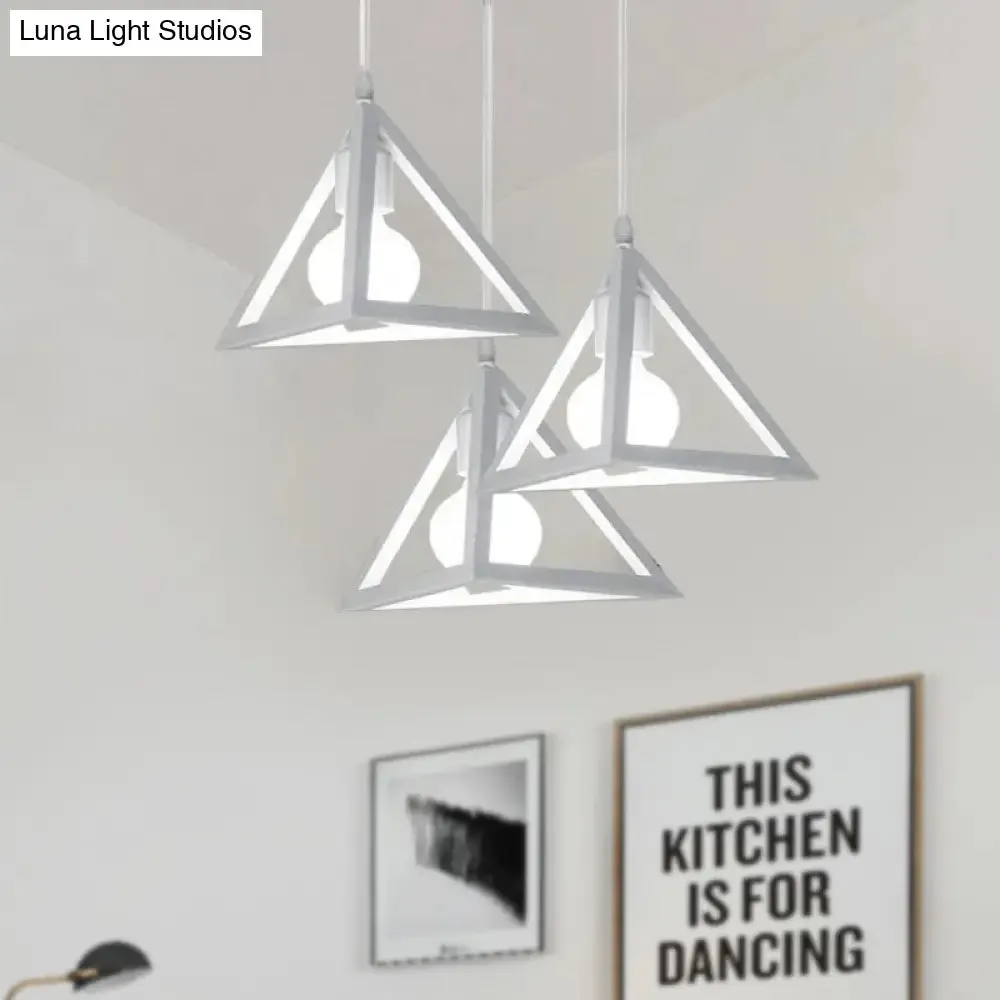 Retro Industrial Hanging Lamp with 3 Triangle Metallic Heads and Wire Guard in Black/White