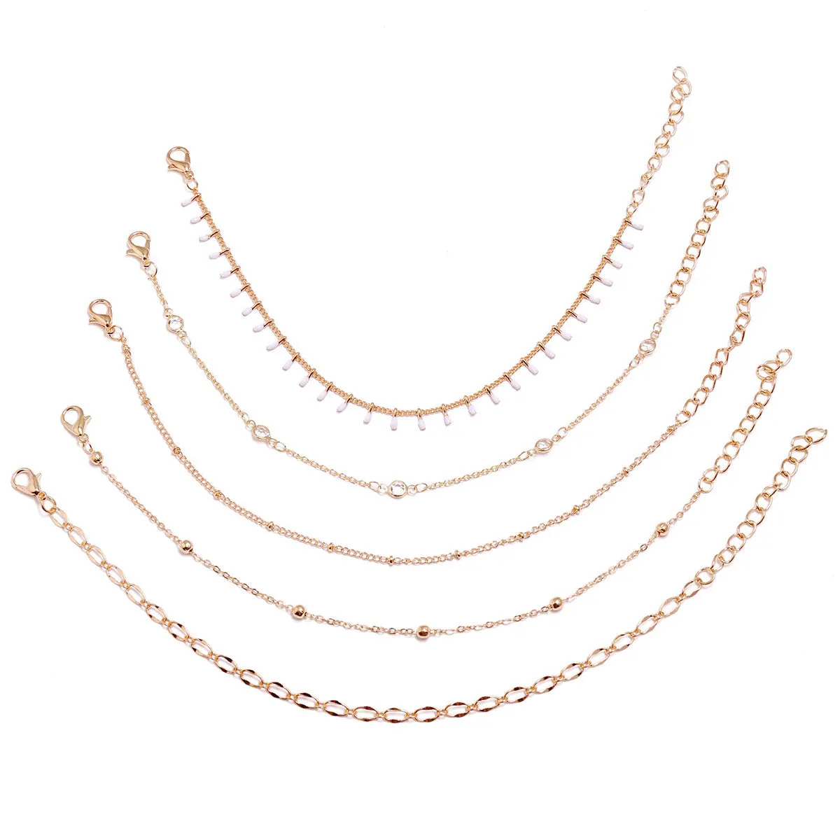 Simple Summer Beach White Oil Drop Crystal Bead Chain Five-piece Multi-layer Anklet Set of 5