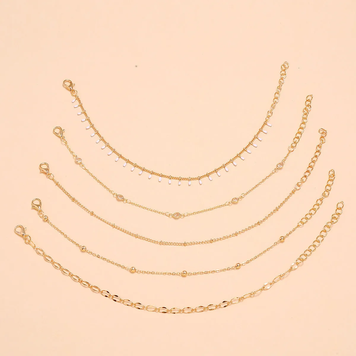 Simple Summer Beach White Oil Drop Crystal Bead Chain Five-piece Multi-layer Anklet Set of 5