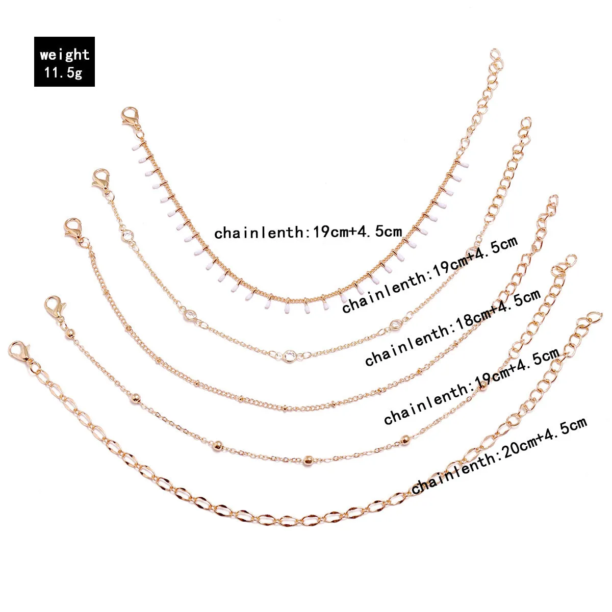 Simple Summer Beach White Oil Drop Crystal Bead Chain Five-piece Multi-layer Anklet Set of 5