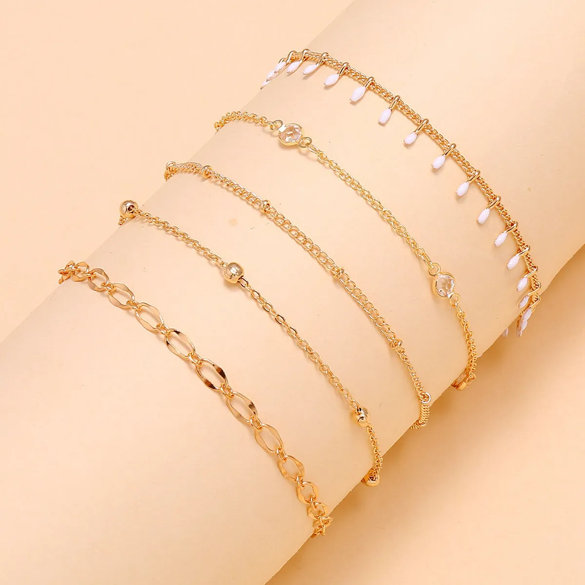 Simple Summer Beach White Oil Drop Crystal Bead Chain Five-piece Multi-layer Anklet Set of 5