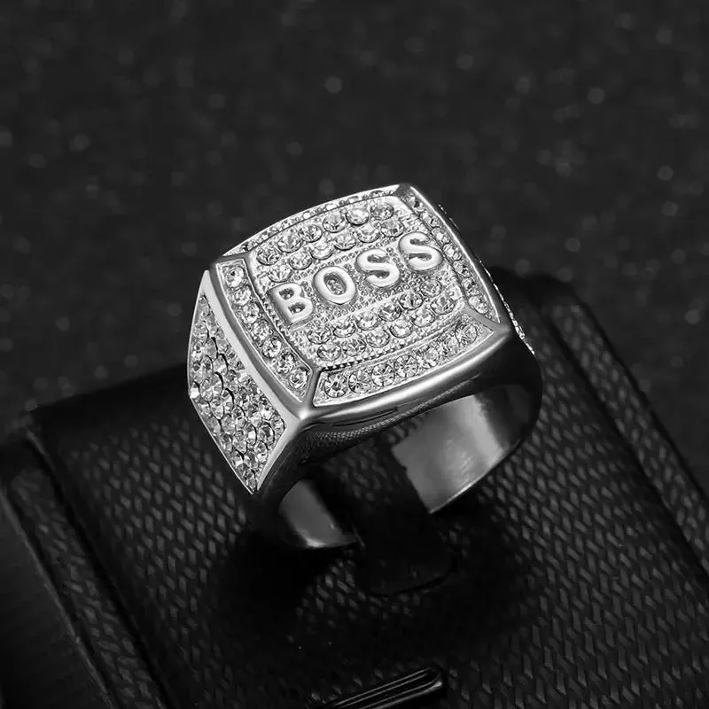 Stainless Steel Titanium Hip Hop Luxury Zircon Bling Iced Out BOSS Rings for Men Women Couple Boyfriends Gift Fashion Jewelry