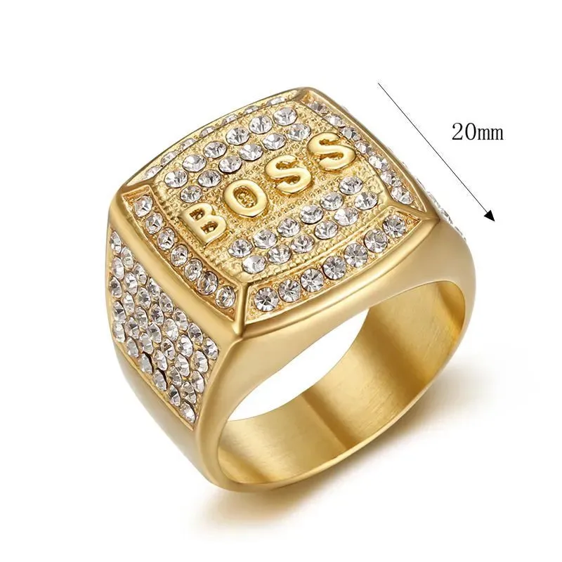 Stainless Steel Titanium Hip Hop Luxury Zircon Bling Iced Out BOSS Rings for Men Women Couple Boyfriends Gift Fashion Jewelry