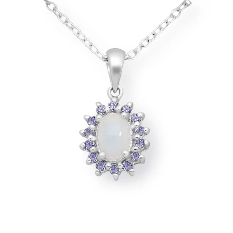 Sterling Silver Oval Ethiopian Opal & Tanzanite Halo La Preciada Pendant