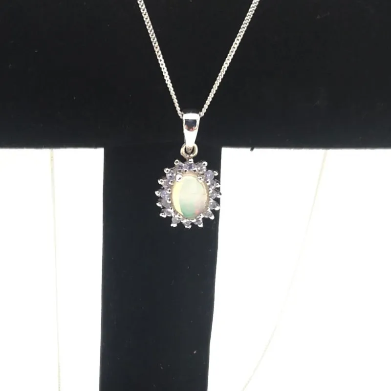 Sterling Silver Oval Ethiopian Opal & Tanzanite Halo La Preciada Pendant