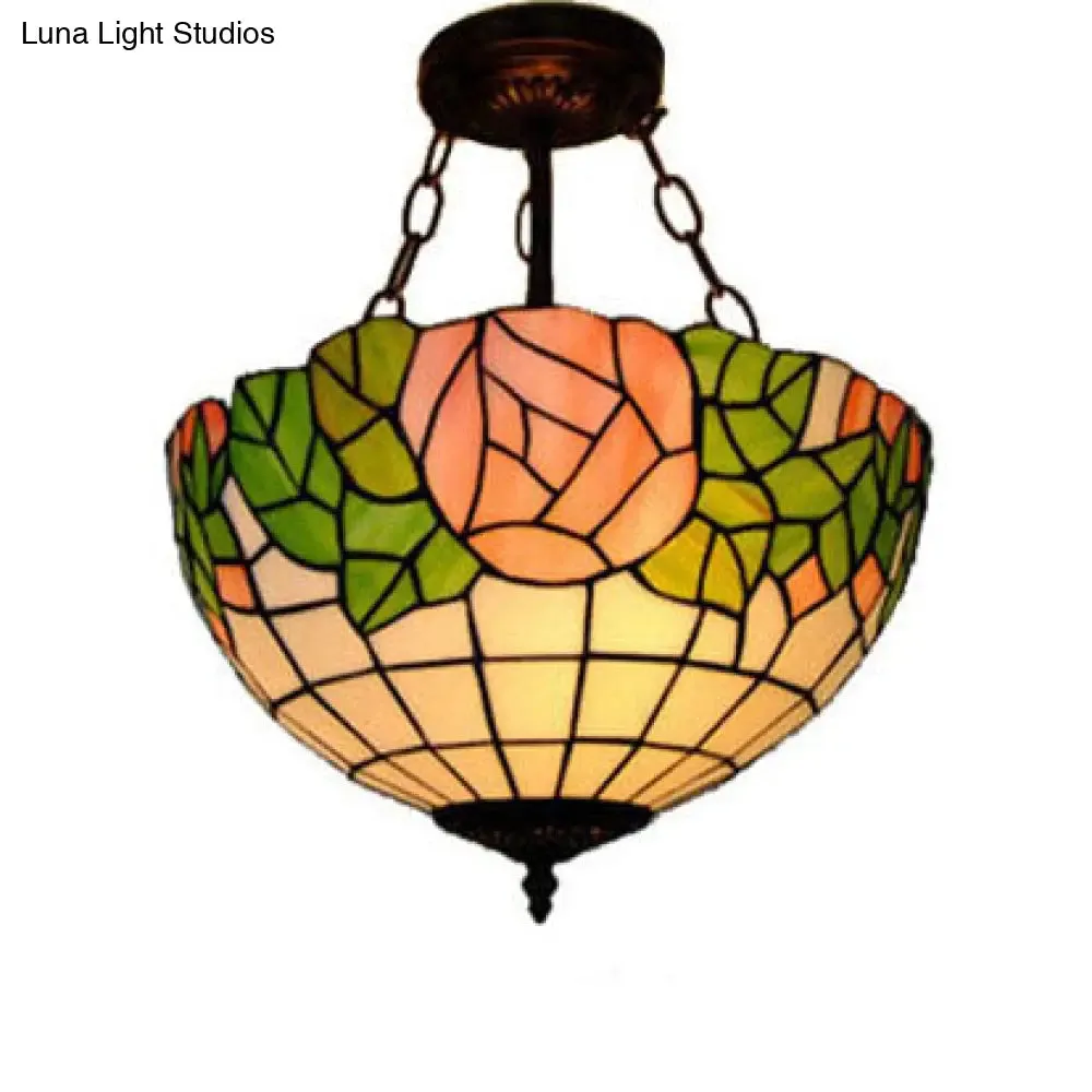 Stylish Tiffany-Style Bowl Pendant Lighting with 3 Lights - Pink and Green Glass, Rose Pattern