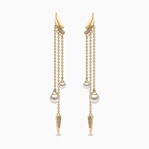 Trend 18K Gold Freshwater Pearl and Double Diamond Apex Chain Earrings