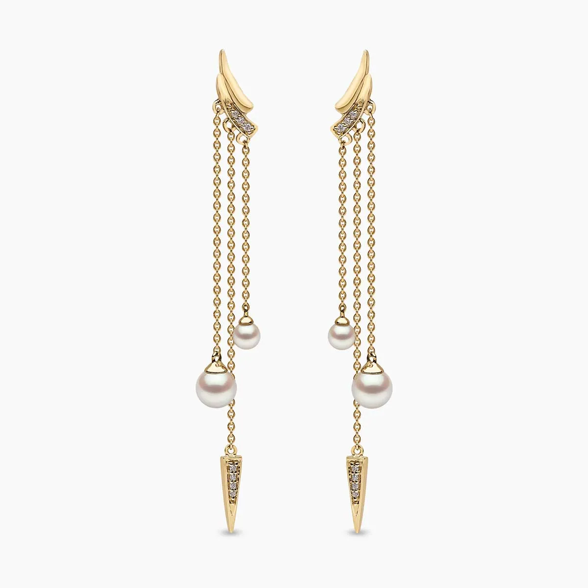 Trend 18K Gold Freshwater Pearl and Double Diamond Apex Chain Earrings