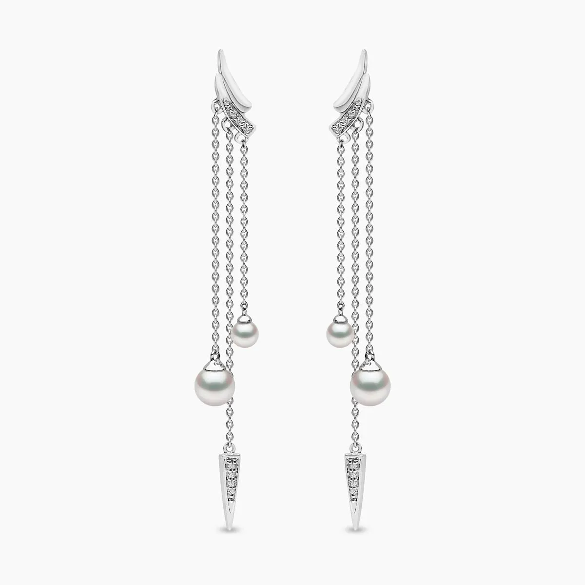 Trend 18K Gold Freshwater Pearl and Double Diamond Apex Chain Earrings