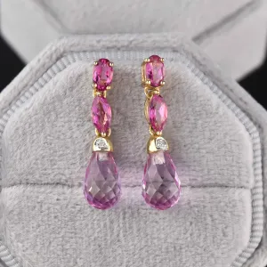 Vintage 14K Gold Diamond Pink Topaz Briolette Dangle Earrings