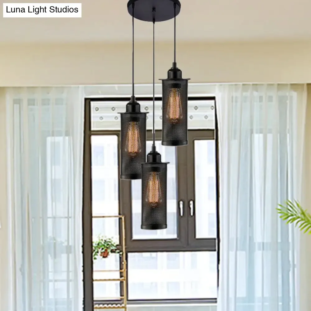 Vintage 3/8 Bulbs Pendant Light with Mesh Shade - Stylish Kitchen Ceiling Fixture in Black