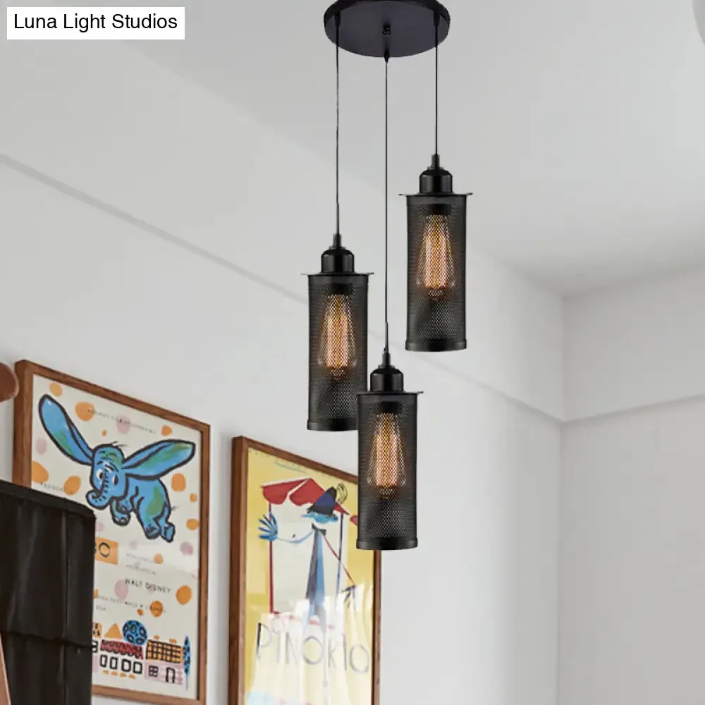 Vintage 3/8 Bulbs Pendant Light with Mesh Shade - Stylish Kitchen Ceiling Fixture in Black