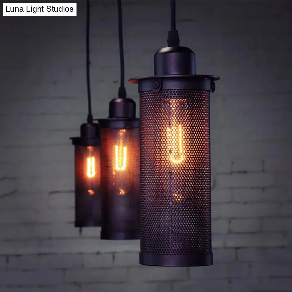 Vintage 3/8 Bulbs Pendant Light with Mesh Shade - Stylish Kitchen Ceiling Fixture in Black