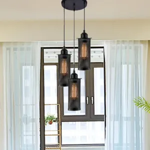 Vintage 3/8 Bulbs Pendant Light with Mesh Shade - Stylish Kitchen Ceiling Fixture in Black