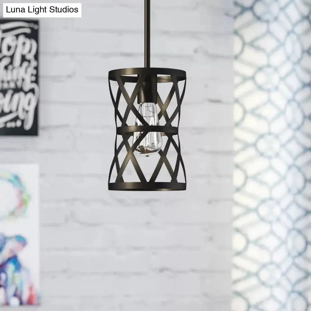 Vintage Industrial Metal Pendant Light with Stylish Black Cage Shade - Dining Room Hanging Lamp