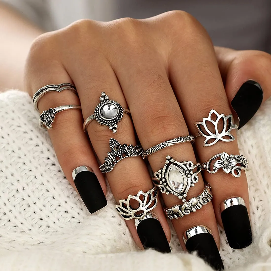 Yellow Chimes 10 Pieces Combo Flower Design Vintage Style Midi Finger Silver Oxidised Knuckle Rings Set for Women and Girls (YCFJRG-R193FLOR-C-SL)