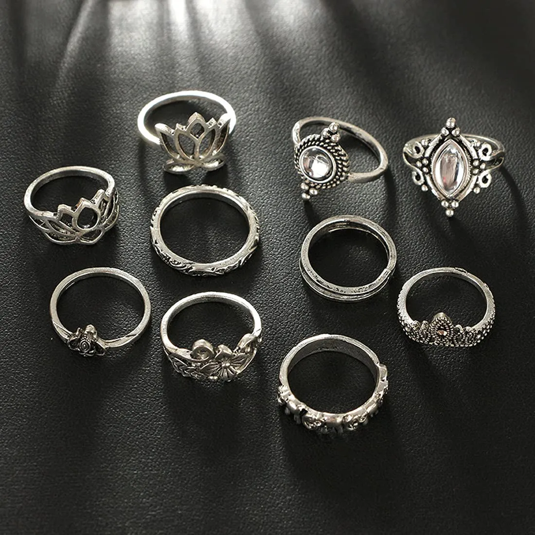 Yellow Chimes 10 Pieces Combo Flower Design Vintage Style Midi Finger Silver Oxidised Knuckle Rings Set for Women and Girls (YCFJRG-R193FLOR-C-SL)